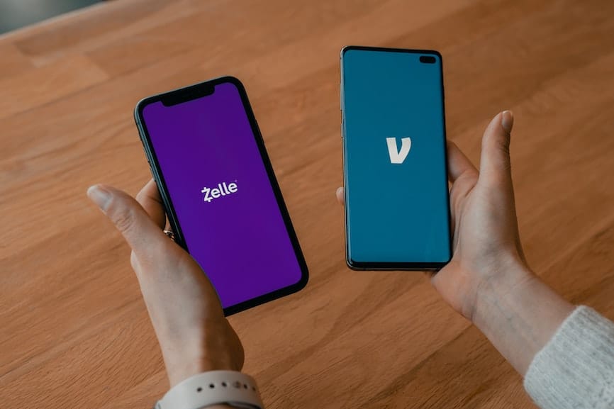 Two phone screens display the Zelle and Venmo apps from left to right. Using P2P payment services like Zelle and Venmo can actually cost you and your customers!