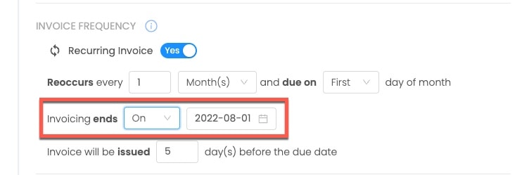 Preview: Adjusting invoice frequency via "Invoicing ends on" setting