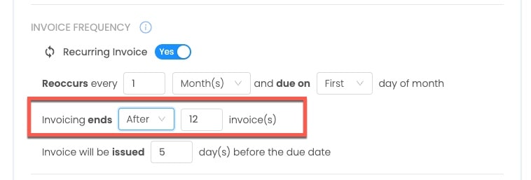 Preview: Adjusting invoice frequency via "Invoicing ends after" setting