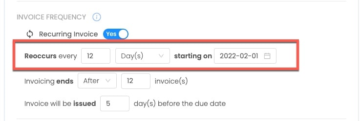 Preview of Invoice Frequency setting: anniversary days 