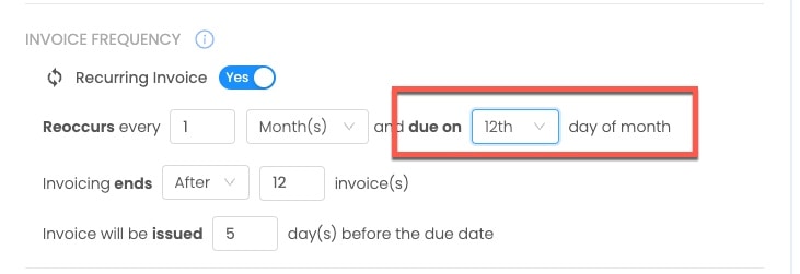 Preview of Invoice Frequency setting: anniversary month 