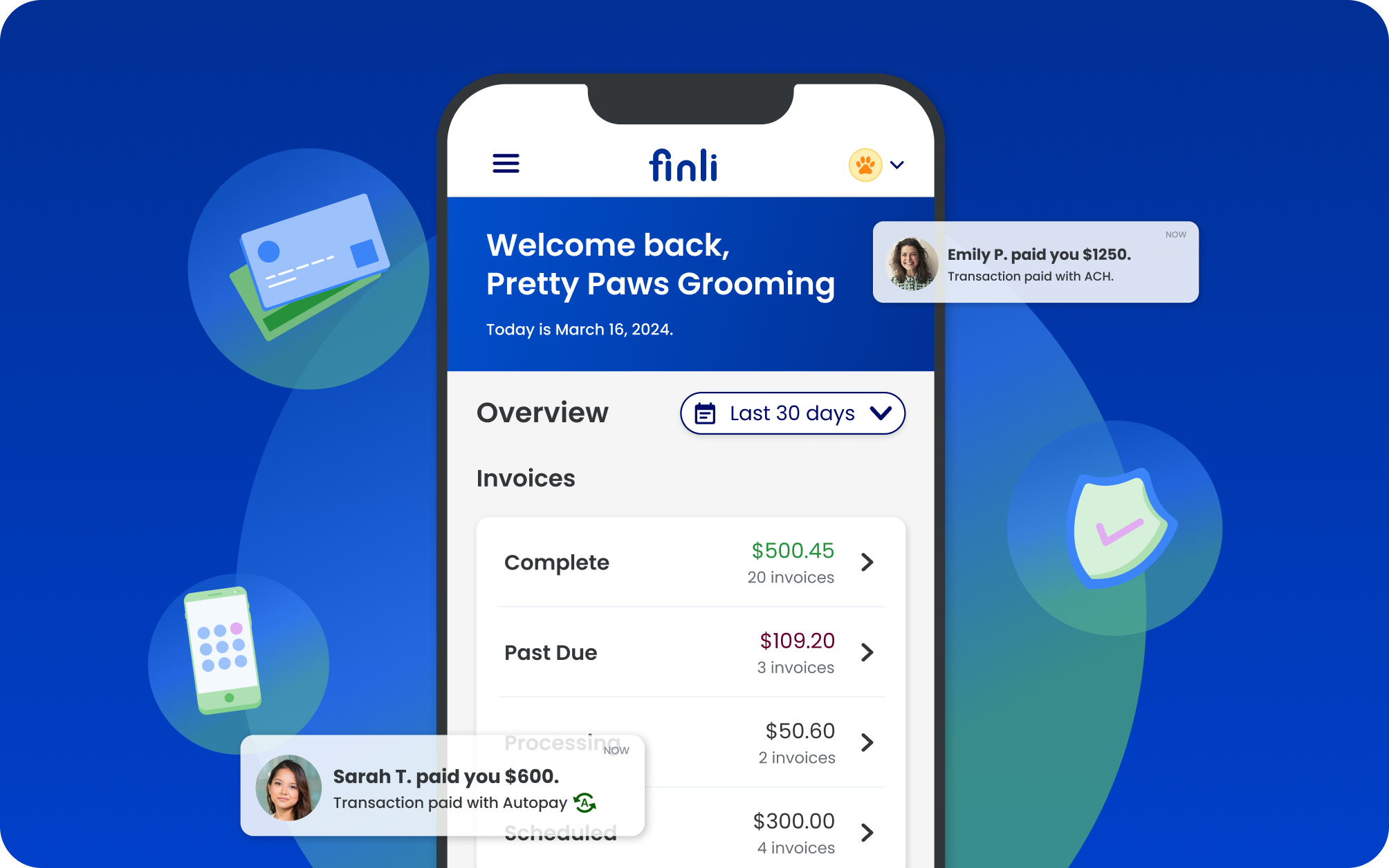 Finli's mobile application allows you to create quotes and invoices, collect payments, manage your customers, and run your business on the go. Available on the App Store and Google Play.