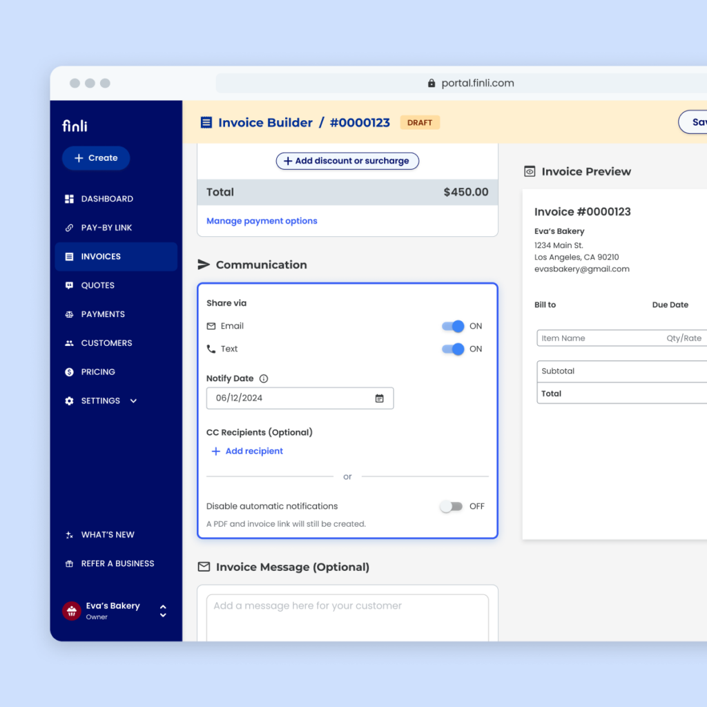 Finli releases updates to the Invoice Builder Experience including advanced notification controls and additional customization.